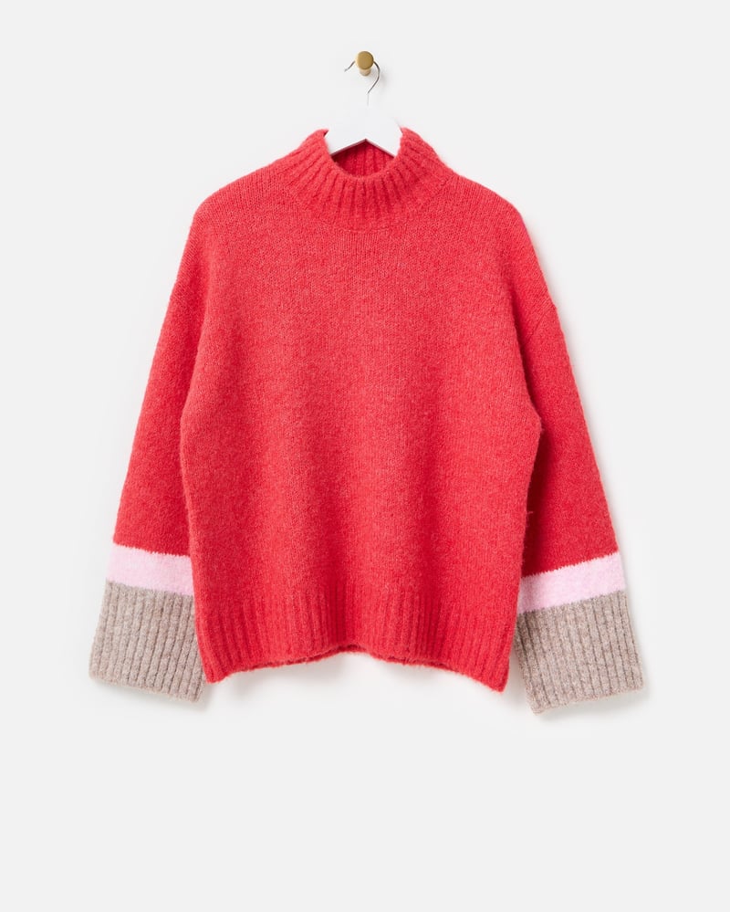 Red Colour Block Funnel Neck Knitted Jumper