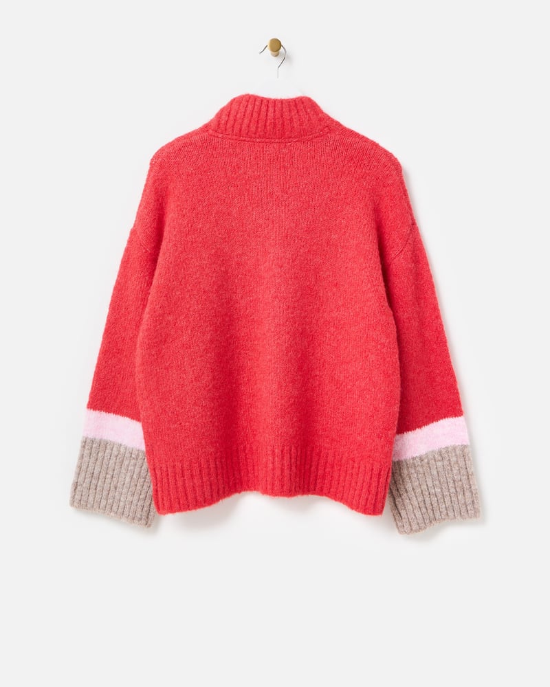 Red Colour Block Funnel Neck Knitted Jumper