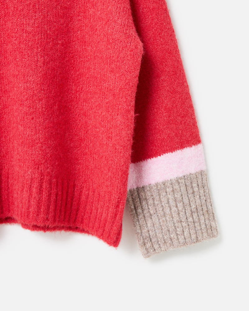 Red Colour Block Funnel Neck Knitted Jumper
