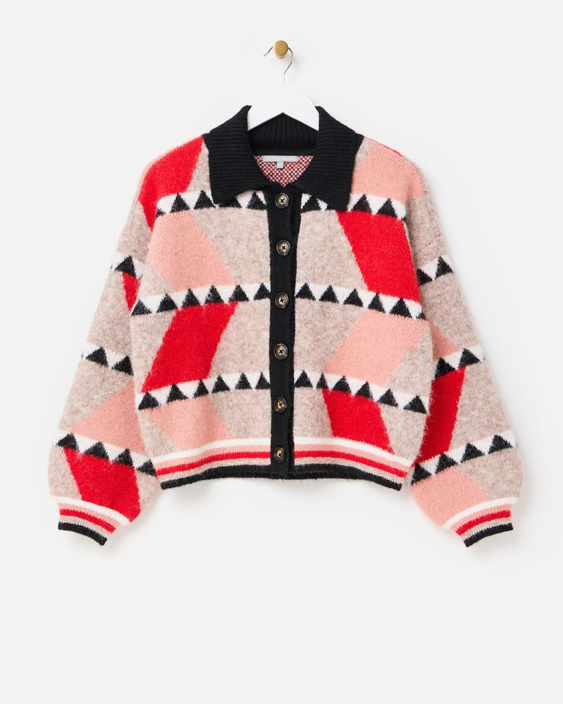 Brown & Red Geometric Button Up Knitted Bomber Jacket