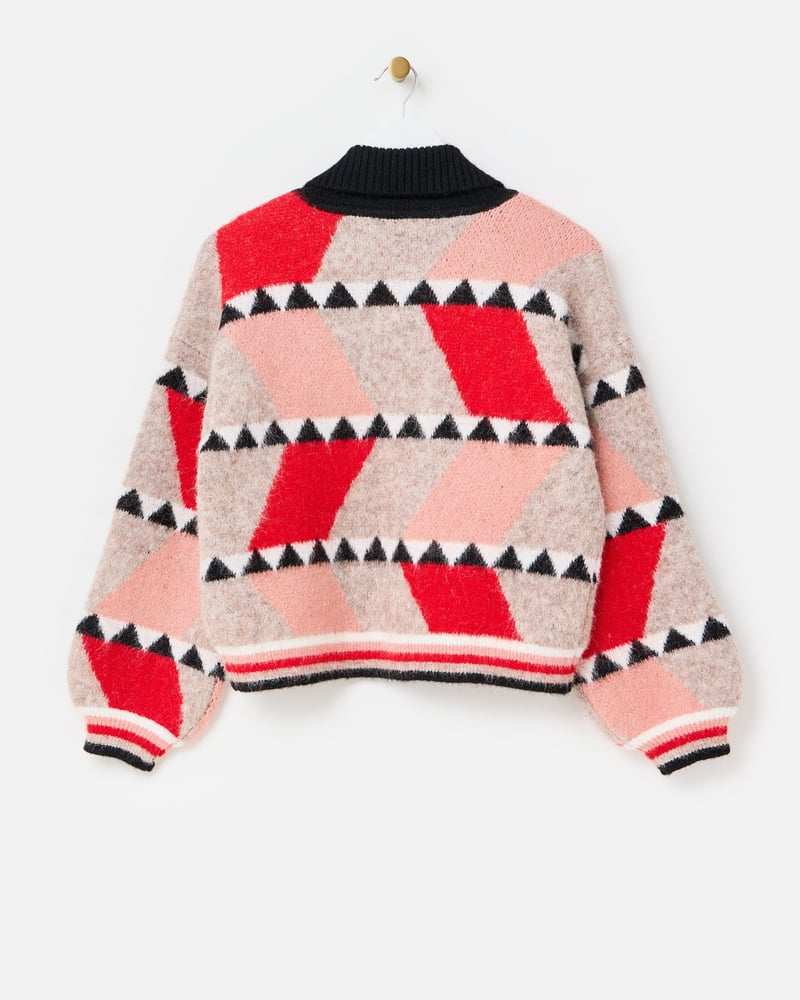Brown & Red Geometric Button Up Knitted Bomber Jacket