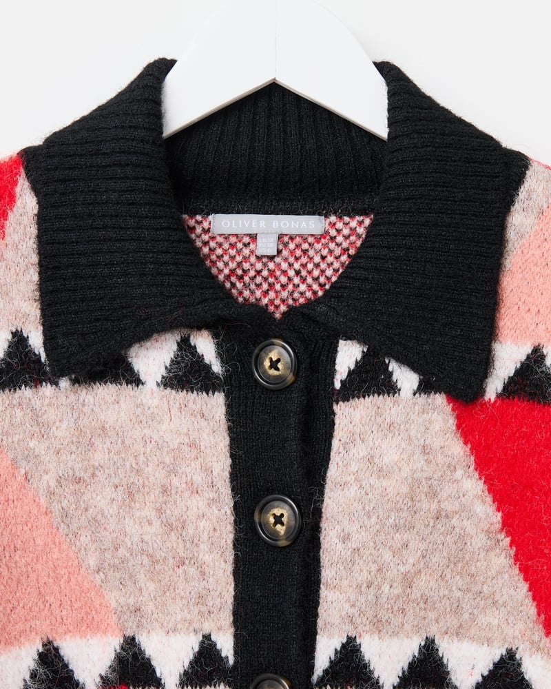 Brown & Red Geometric Button Up Knitted Bomber Jacket