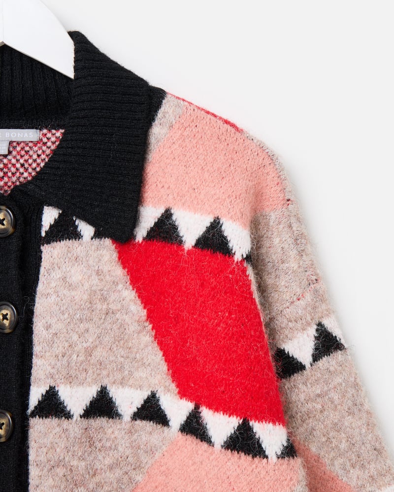 Brown & Red Geometric Button Up Knitted Bomber Jacket