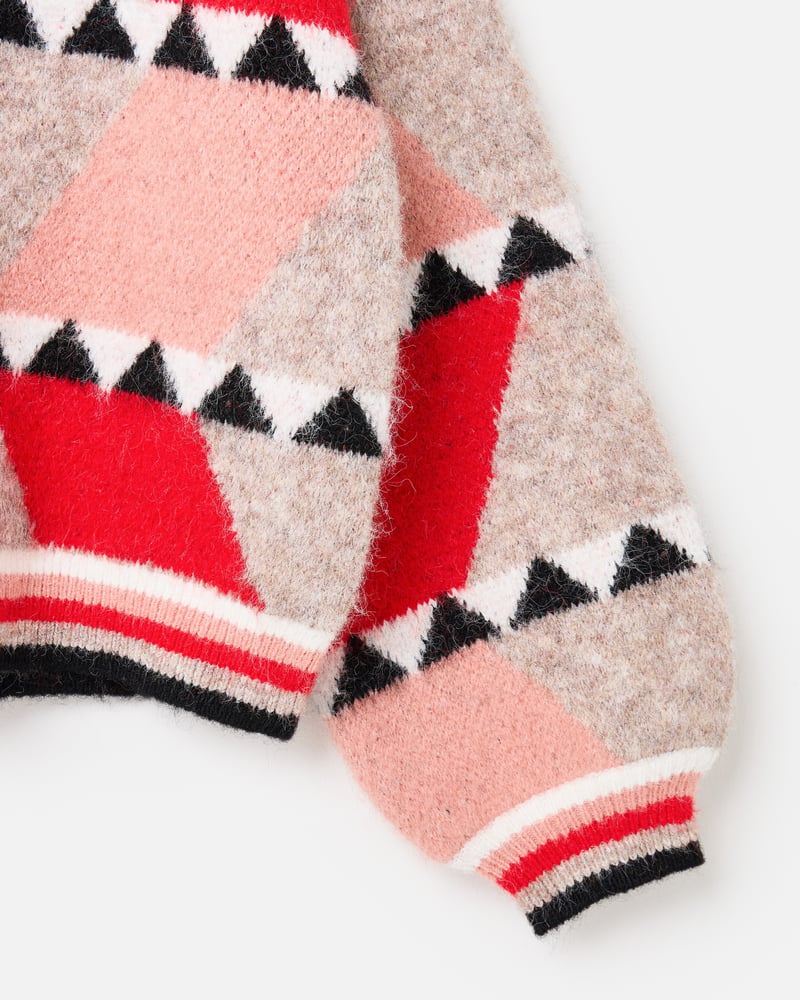 Brown & Red Geometric Button Up Knitted Bomber Jacket
