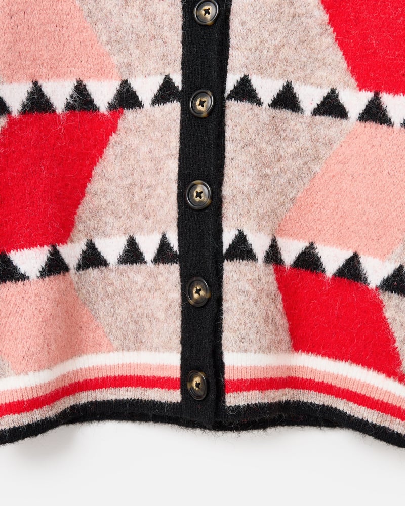 Brown & Red Geometric Button Up Knitted Bomber Jacket
