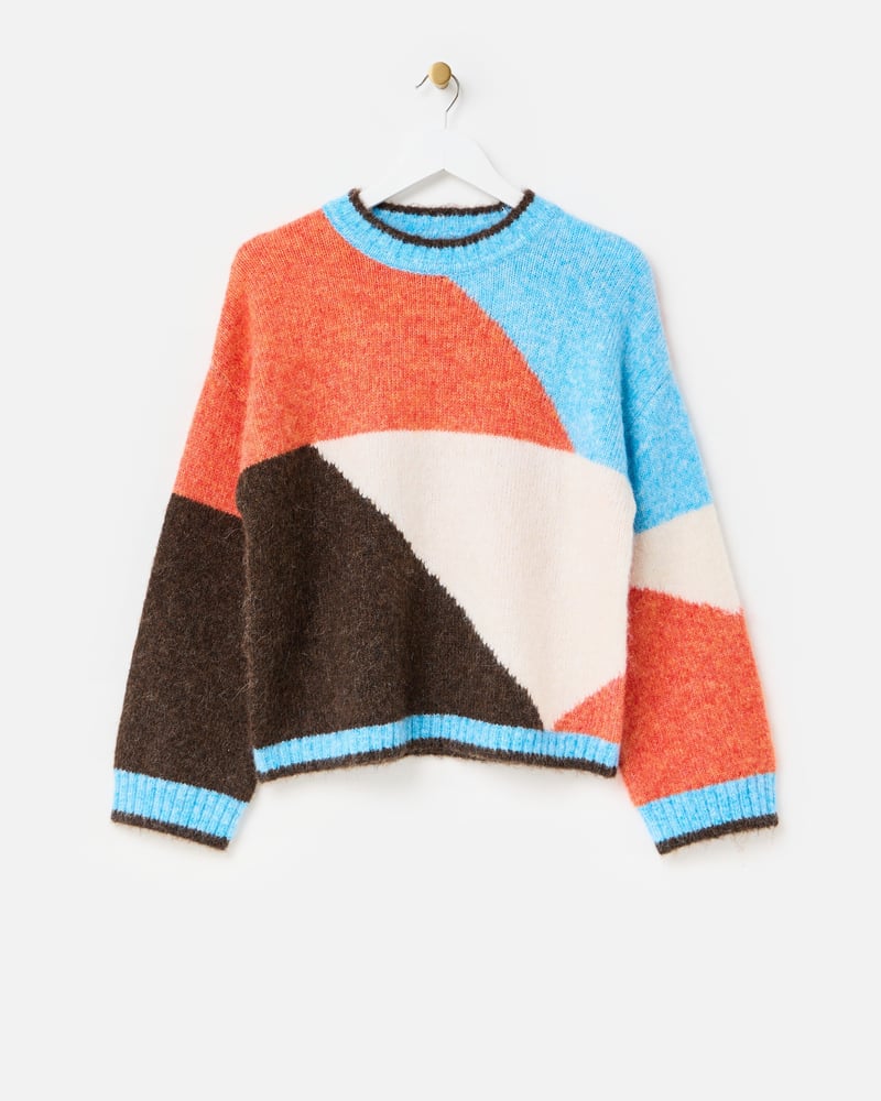 Brown & Orange Geometric Crew Neck Knitted Jumper