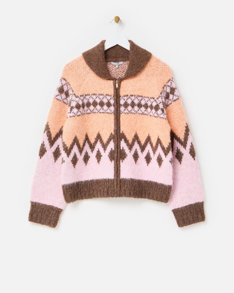 Peach & Brown Geometric Collared Knitted Bomber Jacket