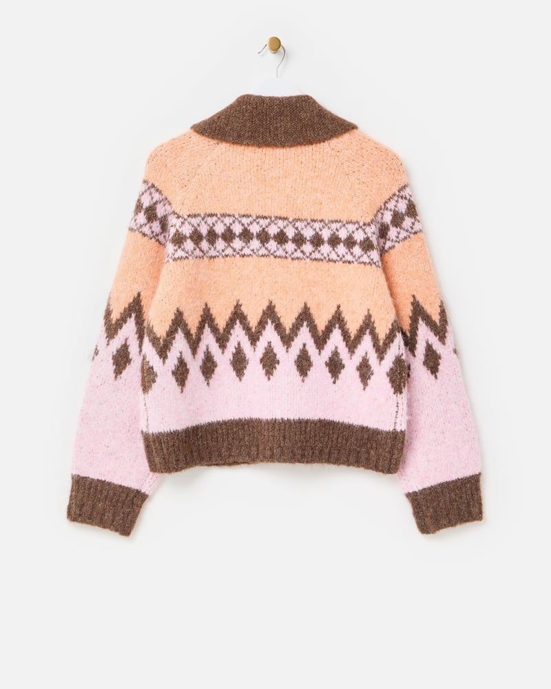 Peach & Brown Geometric Collared Knitted Bomber Jacket