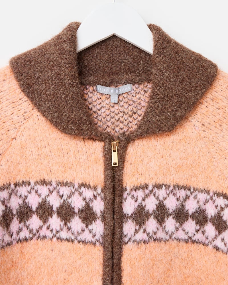 Peach & Brown Geometric Collared Knitted Bomber Jacket