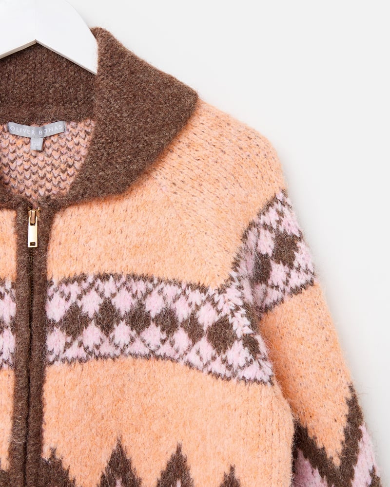 Peach & Brown Geometric Collared Knitted Bomber Jacket