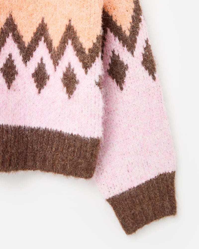 Peach & Brown Geometric Collared Knitted Bomber Jacket