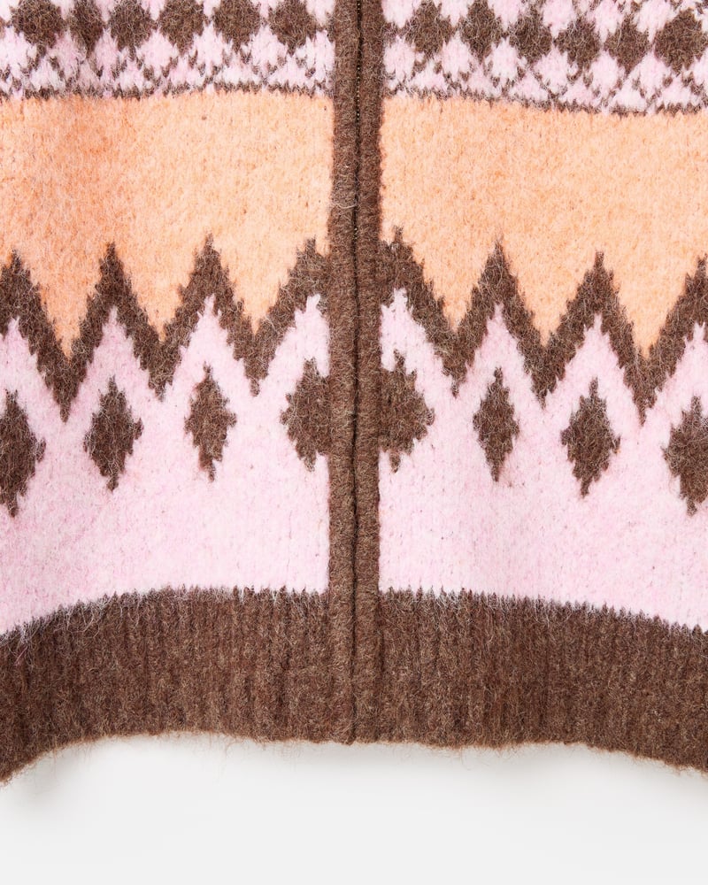 Peach & Brown Geometric Collared Knitted Bomber Jacket