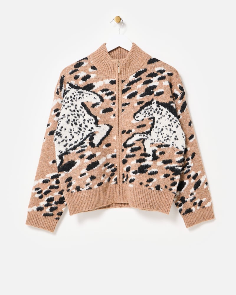 Brown Horse Print Zip Up Knitted Bomber Jacket