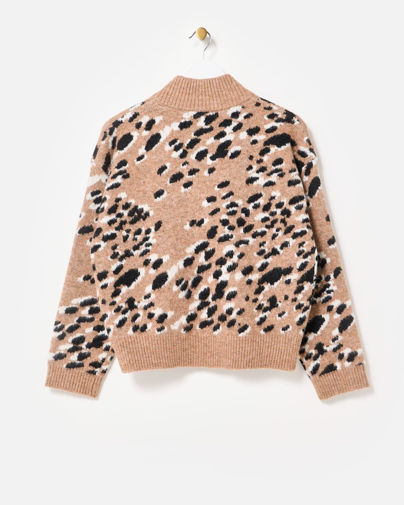 Brown Horse Print Zip Up Knitted Bomber Jacket