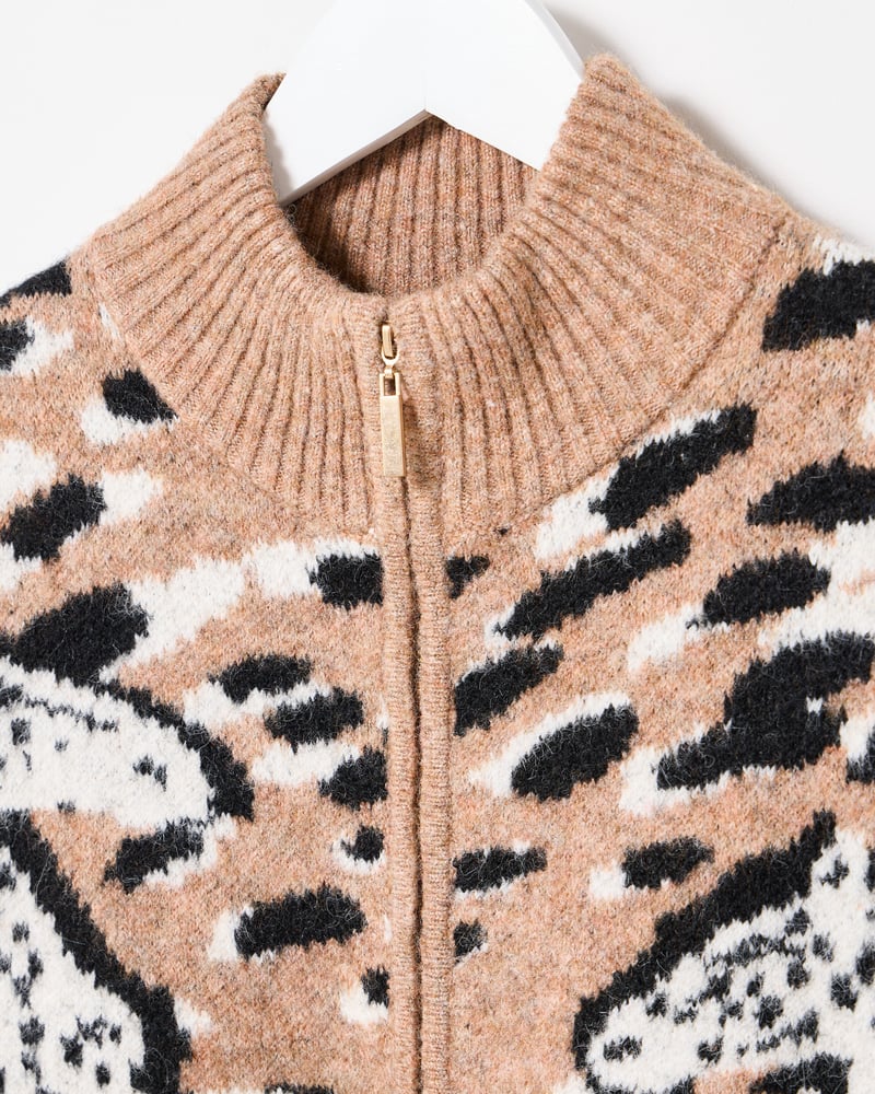 Brown Horse Print Zip Up Knitted Bomber Jacket
