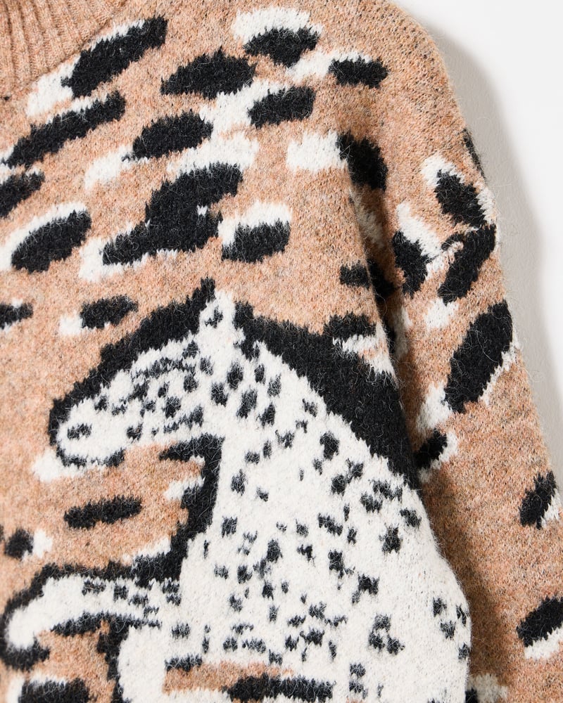 Brown Horse Print Zip Up Knitted Bomber Jacket