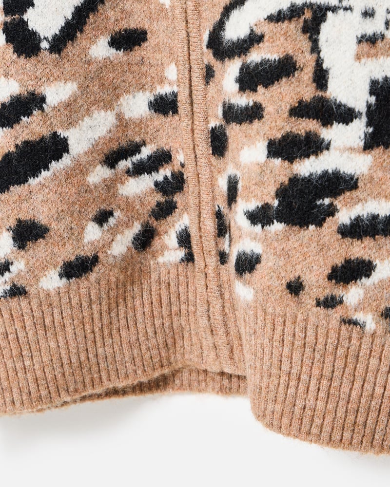 Brown Horse Print Zip Up Knitted Bomber Jacket