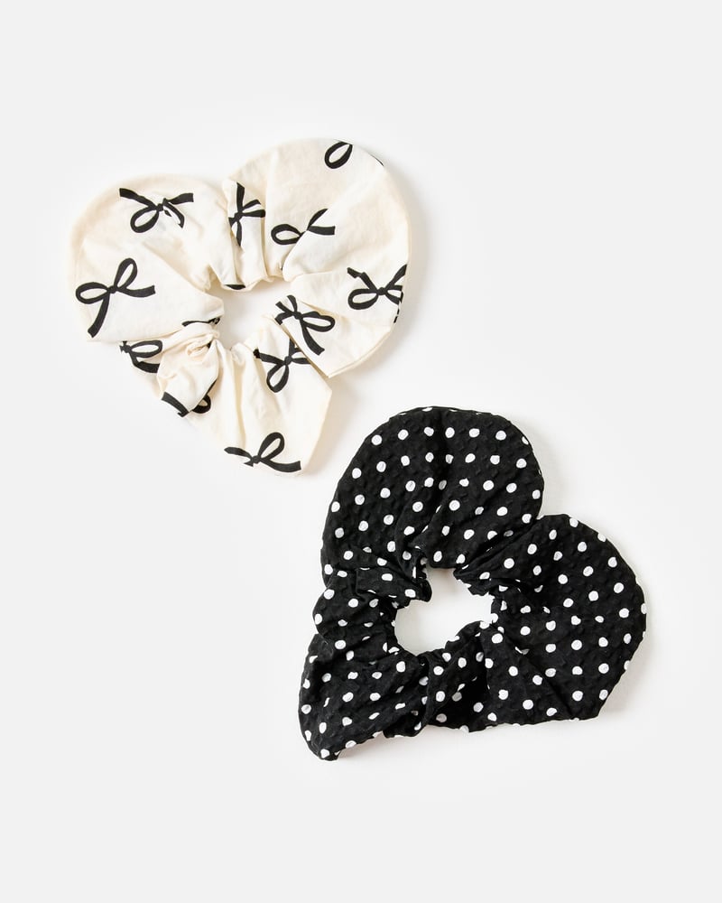 Amber Monochrome Bow & Polka Dot Heart Scrunchies Set of Two