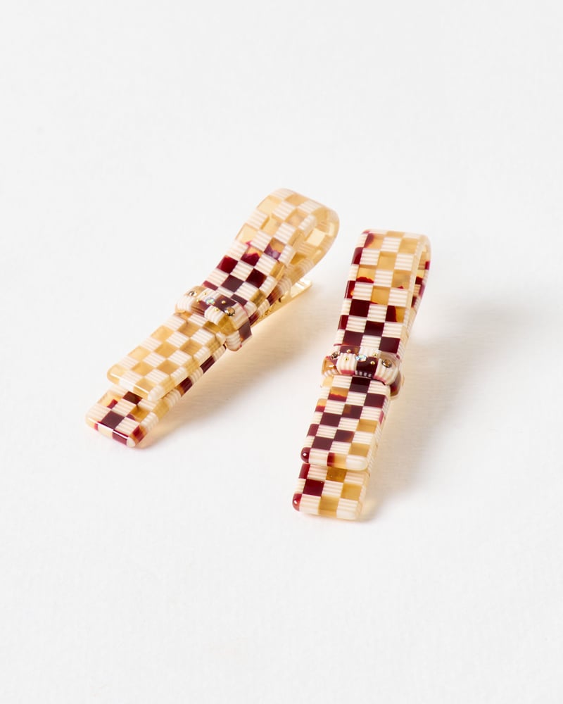 Hettie Brown Checked Resin Bow Hair Clips Set of Two