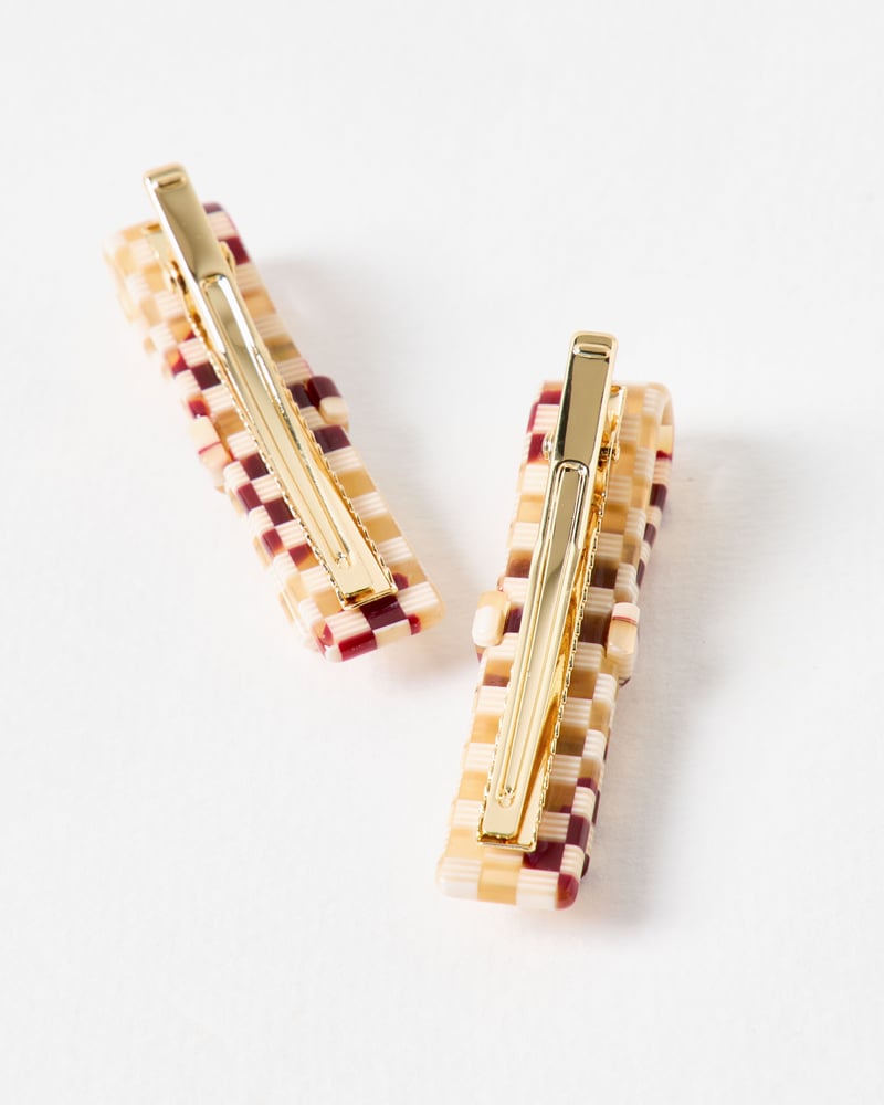 Hettie Brown Checked Resin Bow Hair Clips Set of Two