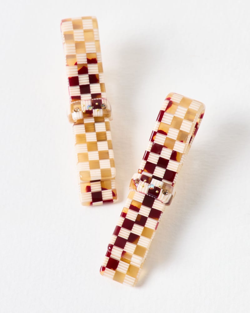 Hettie Brown Checked Resin Bow Hair Clips Set of Two