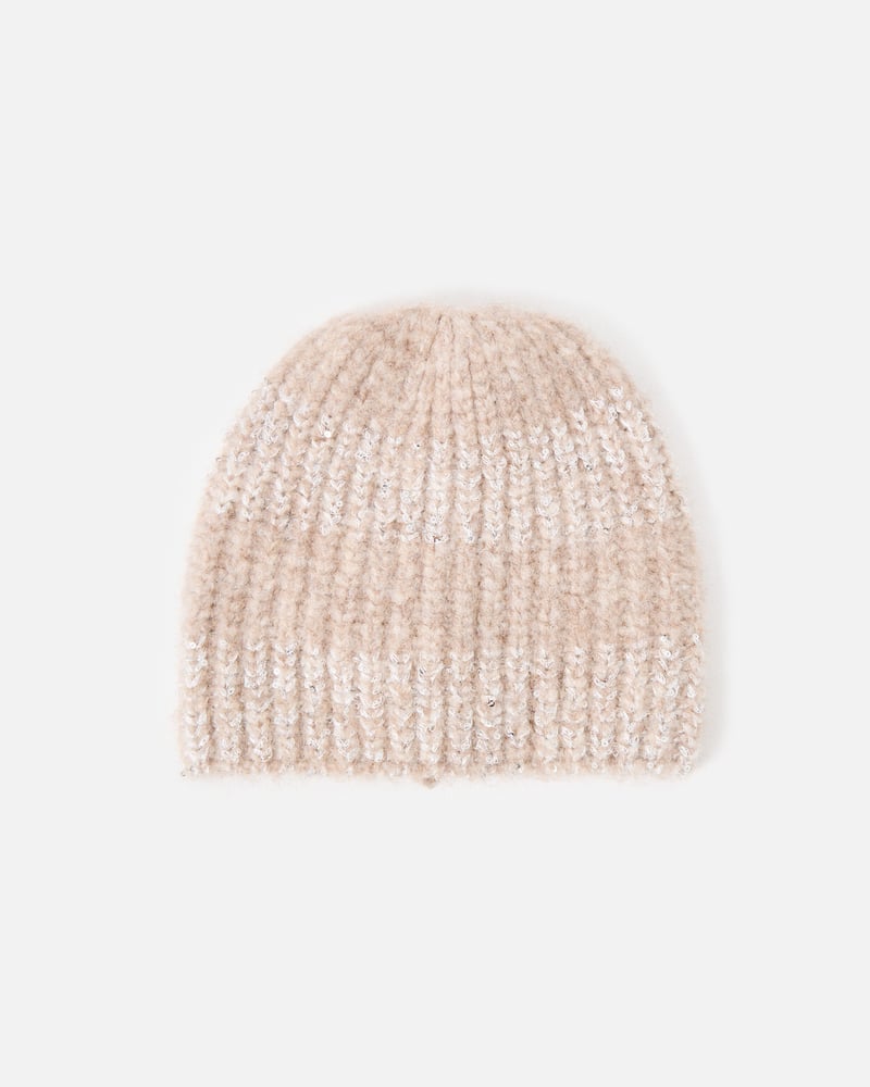 Cream Sequin Ribbed Knitted Beanie Hat