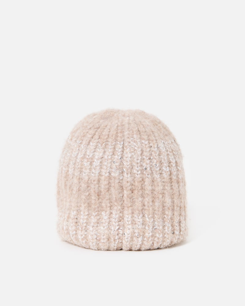 Cream Sequin Ribbed Knitted Beanie Hat