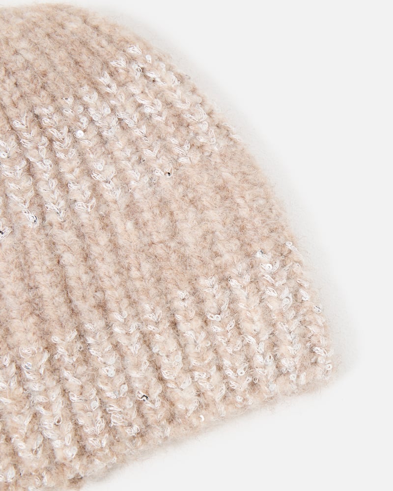 Cream Sequin Ribbed Knitted Beanie Hat