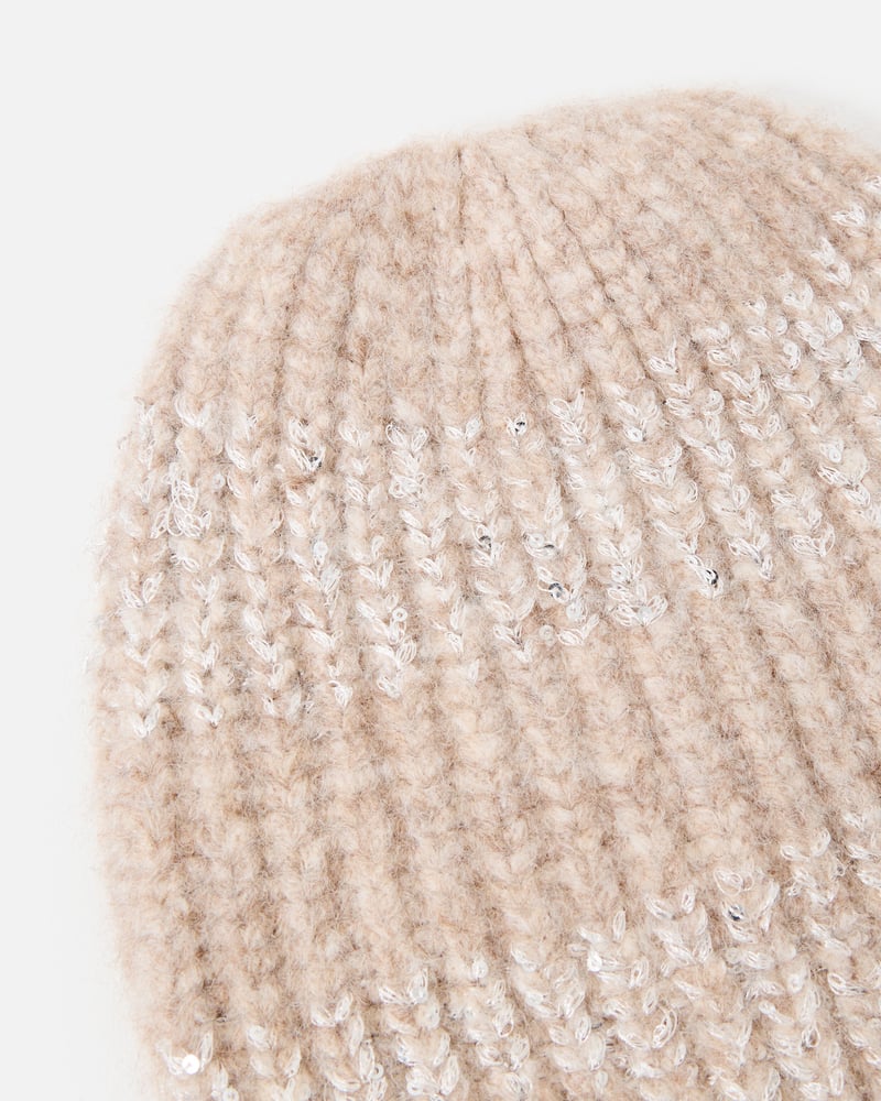 Cream Sequin Ribbed Knitted Beanie Hat