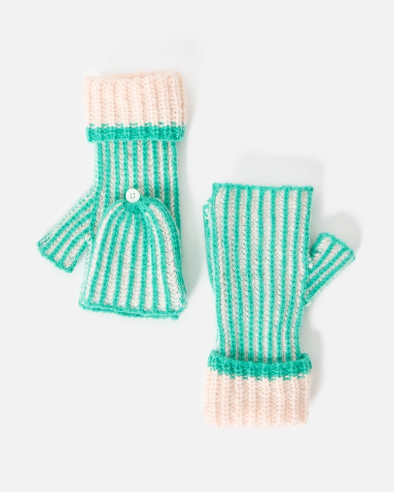 Green & White Striped Knitted Fingerless Mitten Gloves