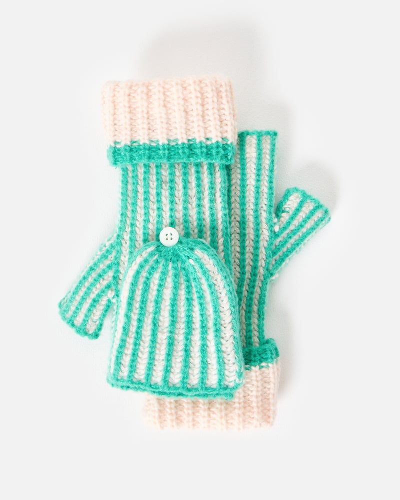 Green & White Striped Knitted Fingerless Mitten Gloves