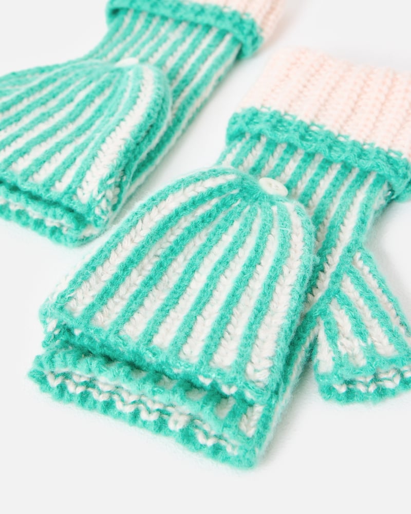 Green & White Striped Knitted Fingerless Mitten Gloves