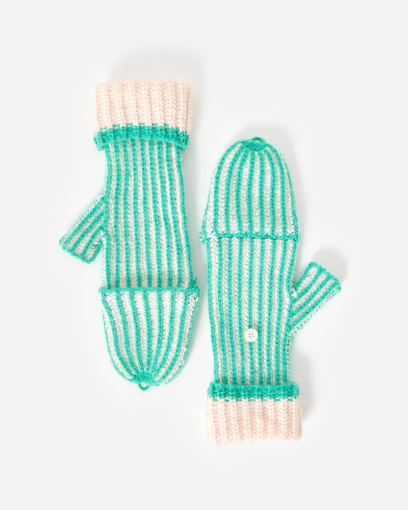Green & White Striped Knitted Fingerless Mitten Gloves