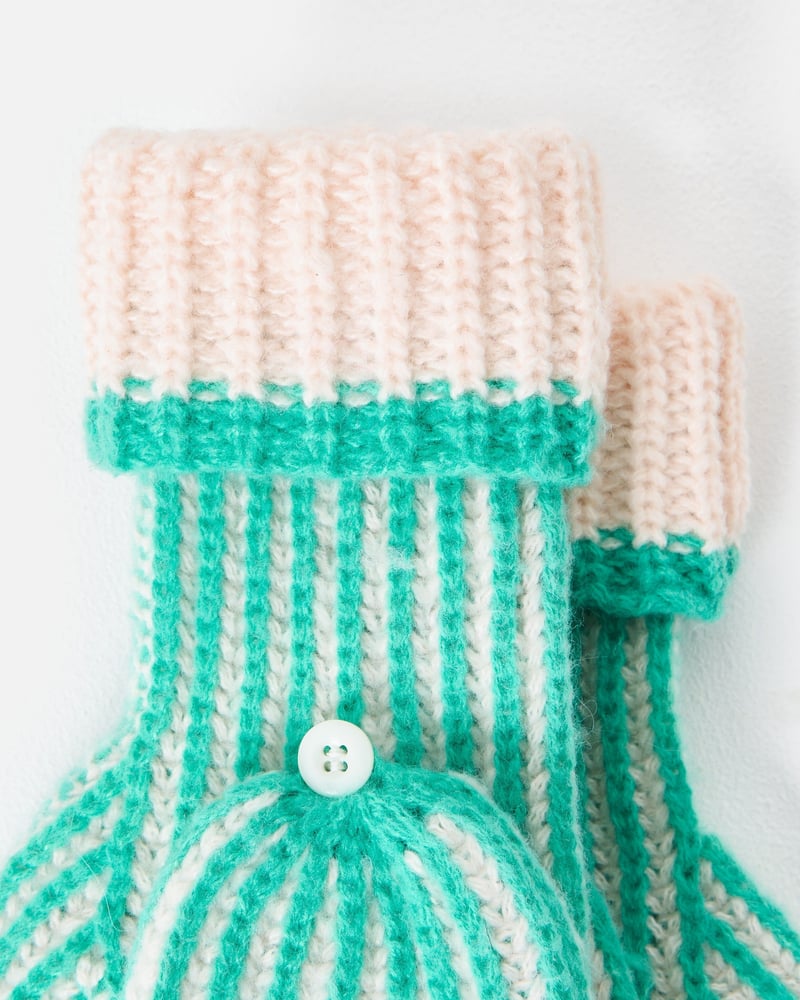 Green & White Striped Knitted Fingerless Mitten Gloves