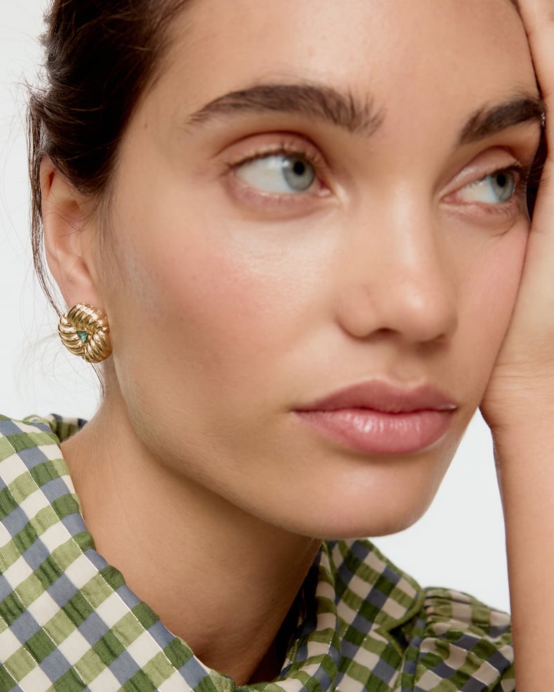 Lima Green Stone Textured Gold Tone Stud Earrings