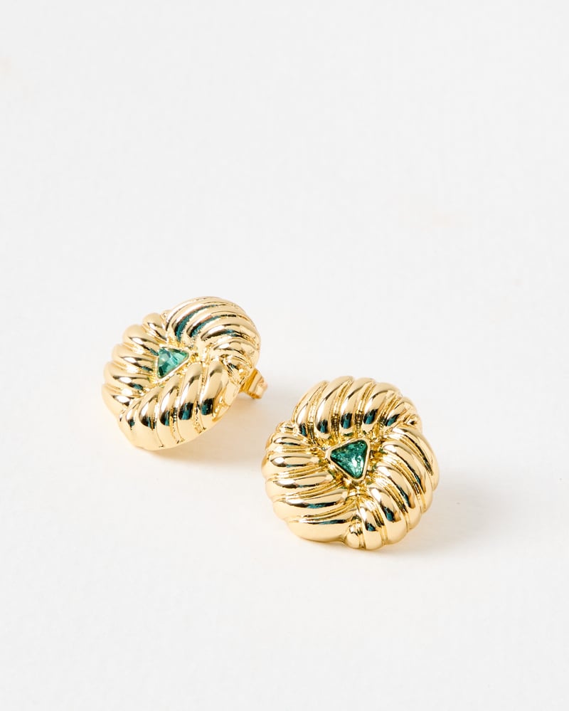 Lima Green Stone Textured Gold Tone Stud Earrings