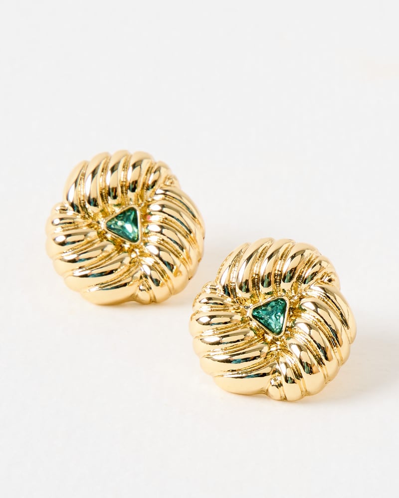 Lima Green Stone Textured Gold Tone Stud Earrings