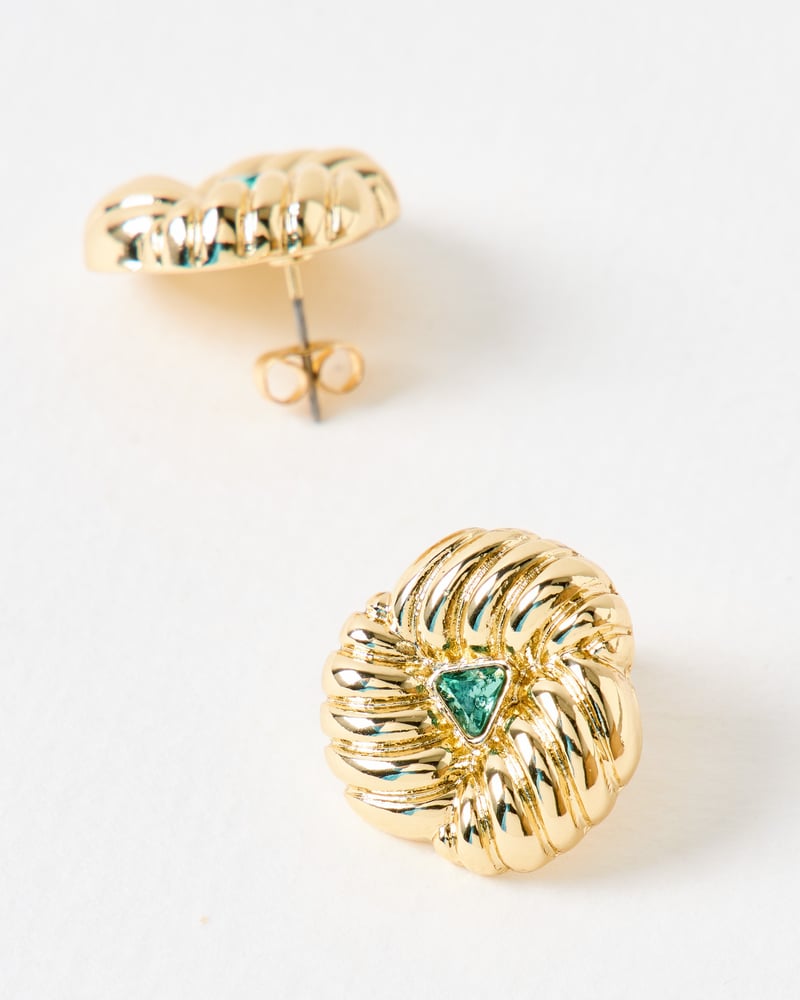 Lima Green Stone Textured Gold Tone Stud Earrings