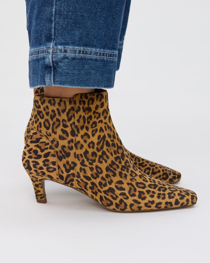 Leopard Print Suede Square Toe Heeled Ankle Boots