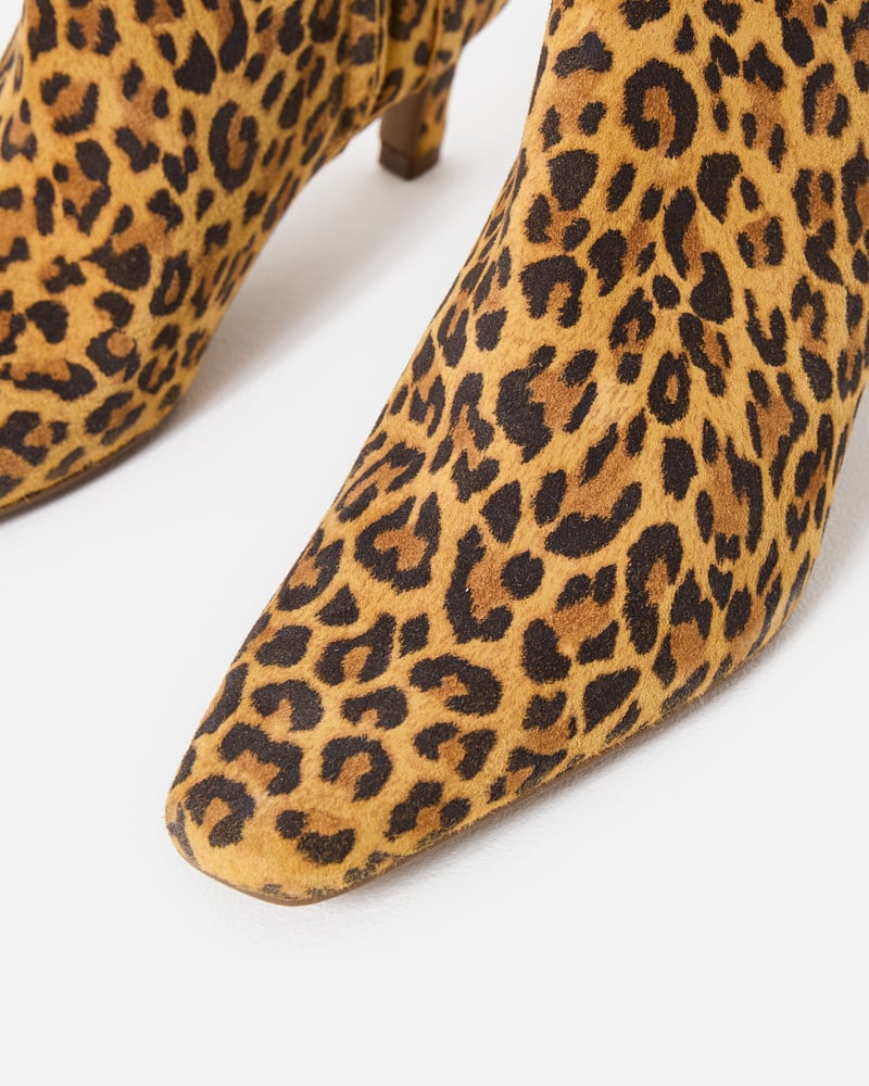 Leopard Print Suede Square Toe Heeled Ankle Boots