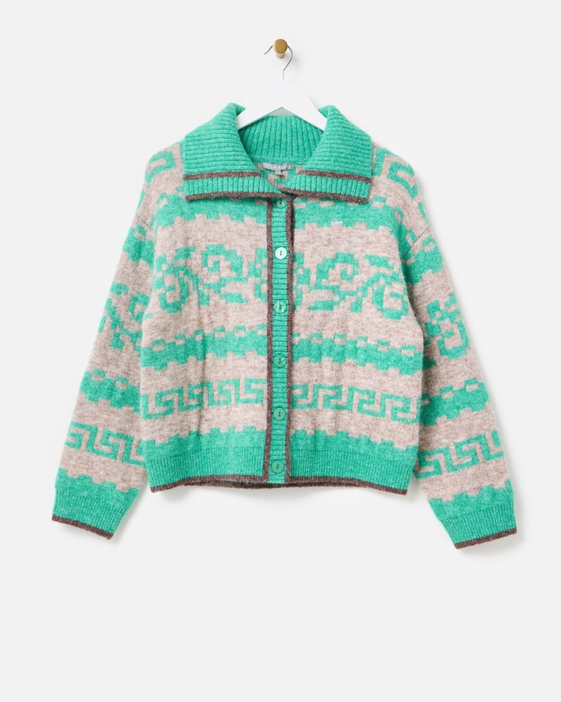 Jade Green & Grey Geometric Collared Button Up Cardigan