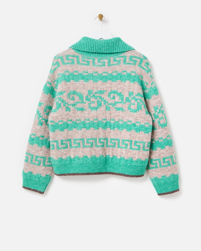 Jade Green & Grey Geometric Collared Button Up Cardigan