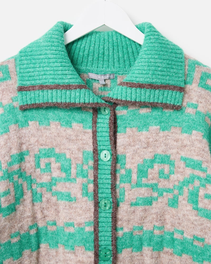 Jade Green & Grey Geometric Collared Button Up Cardigan