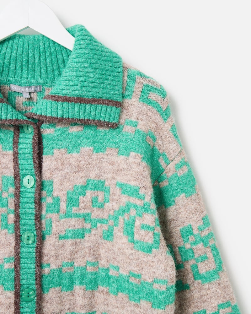 Jade Green & Grey Geometric Collared Button Up Cardigan