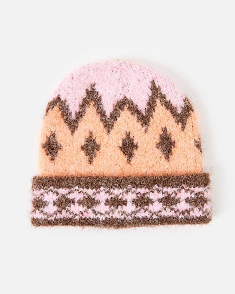 Peach & Brown Fair Isle Knitted Beanie Hat