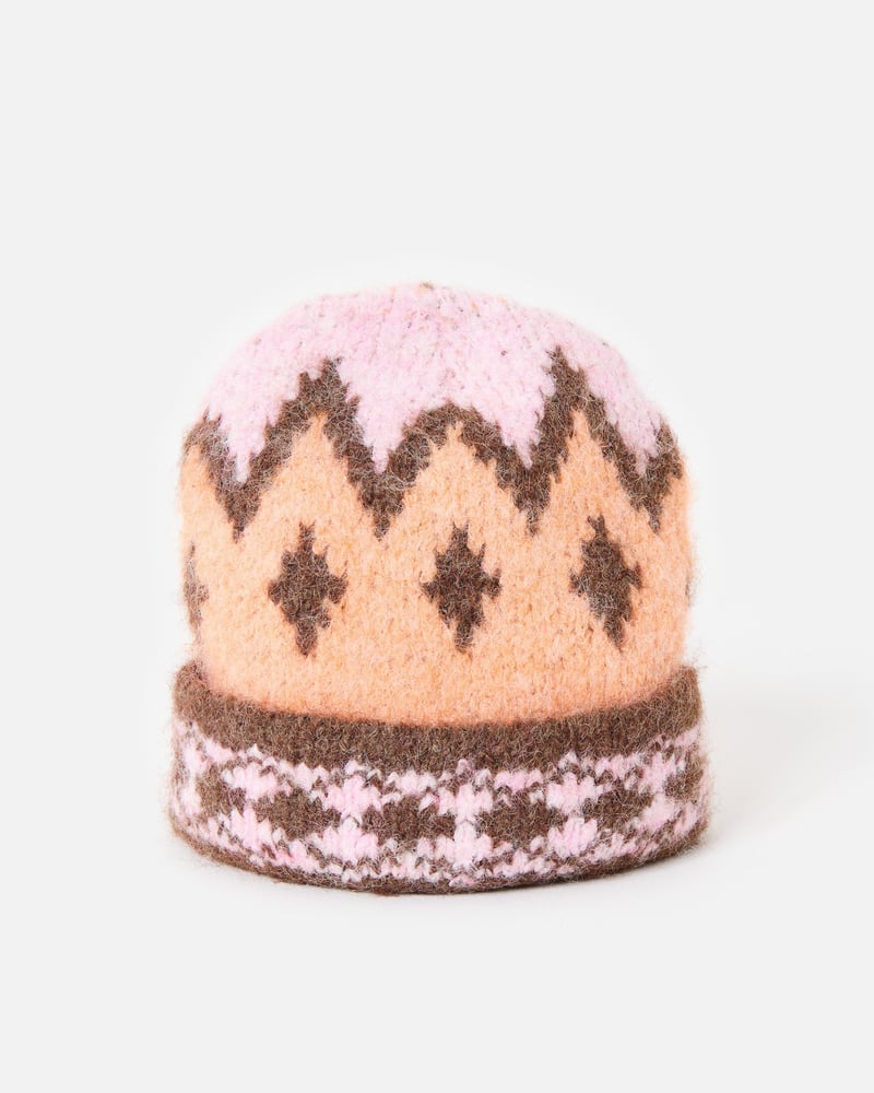 Peach & Brown Fair Isle Knitted Beanie Hat