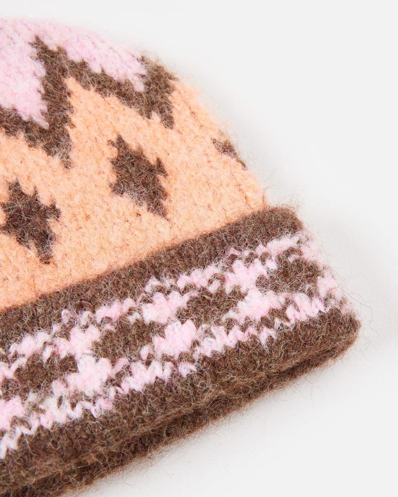 Peach & Brown Fair Isle Knitted Beanie Hat