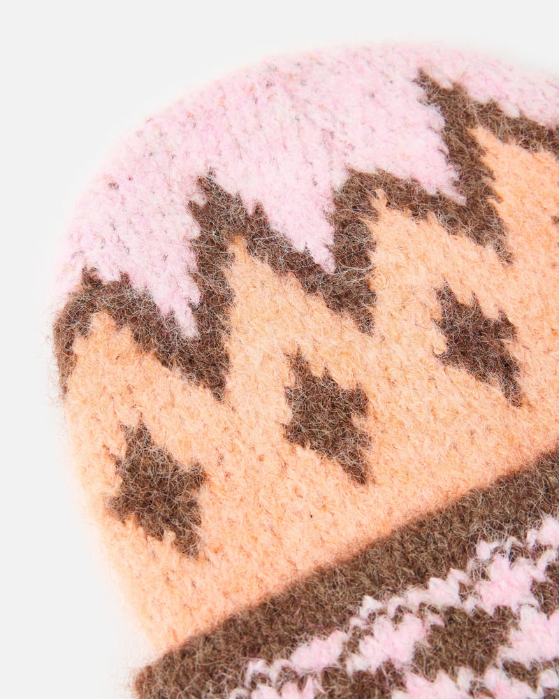 Peach & Brown Fair Isle Knitted Beanie Hat