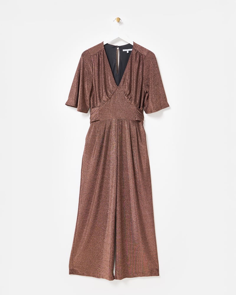 Brown Shimmer V-Neck Short Sleeve Jumpsuit