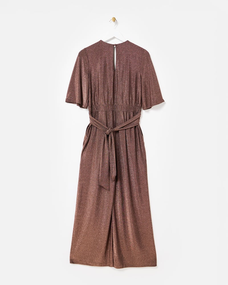 Brown Shimmer V-Neck Short Sleeve Jumpsuit